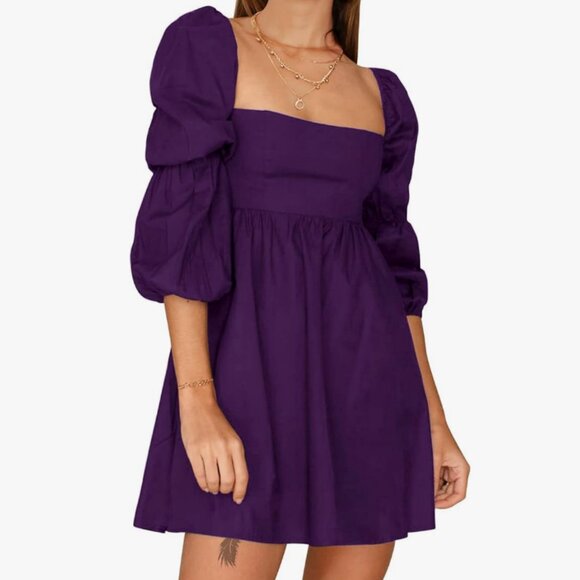 Dresses & Skirts - Square Neck Dress Long Puff Sleeve A-Line Casual Short Mini Dress